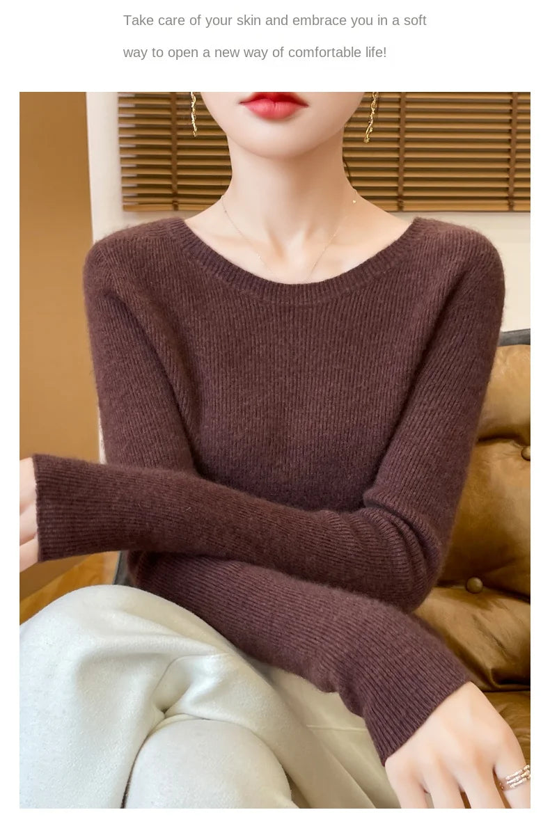 Early Fall New Crew-Neck Sweater Elegant High Elastic Simple Solid Color Thin Knit Crew-Neck Sweater Long Sleeve-GH458