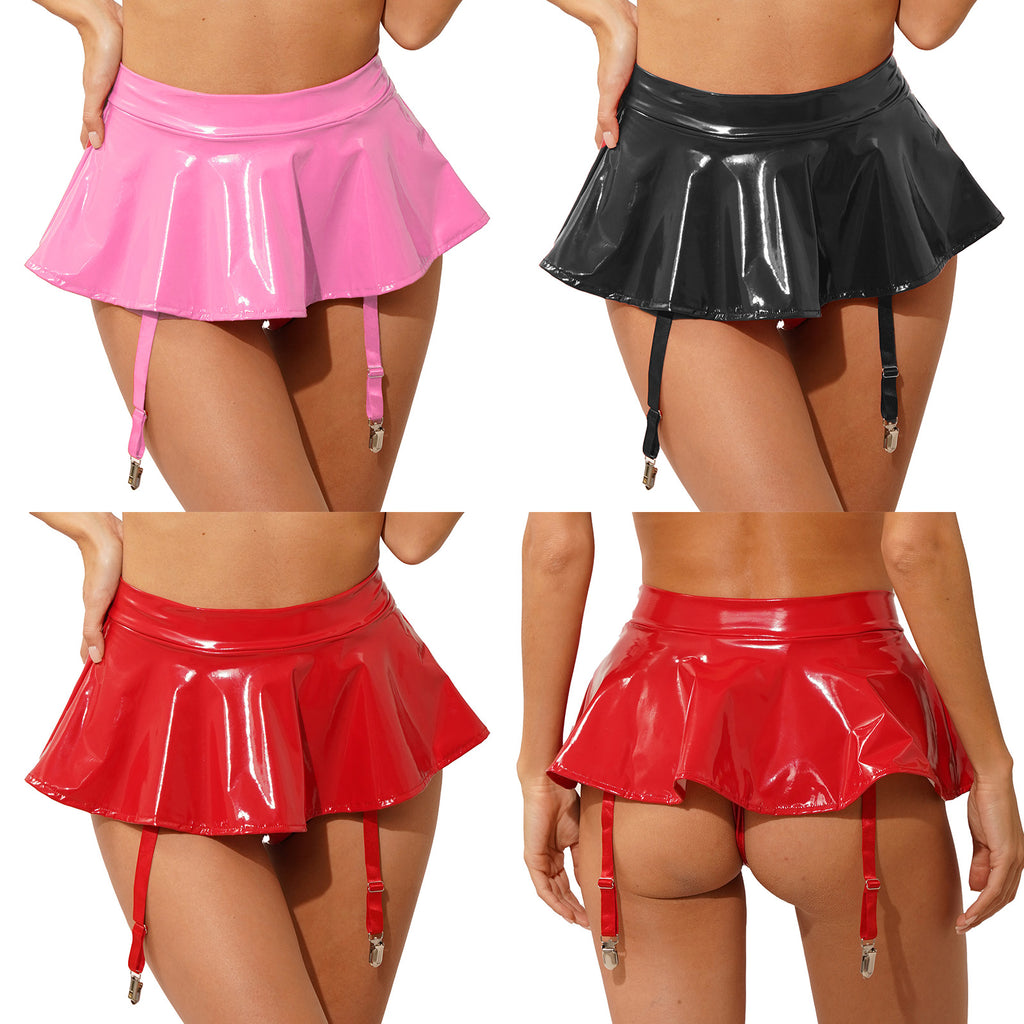 Sexy Women Wetlook PVC Leather Ruffled Skirts Party Low Waist Built-in Thongs Mini Skirt with Garter Belts Metal Clips Set Club