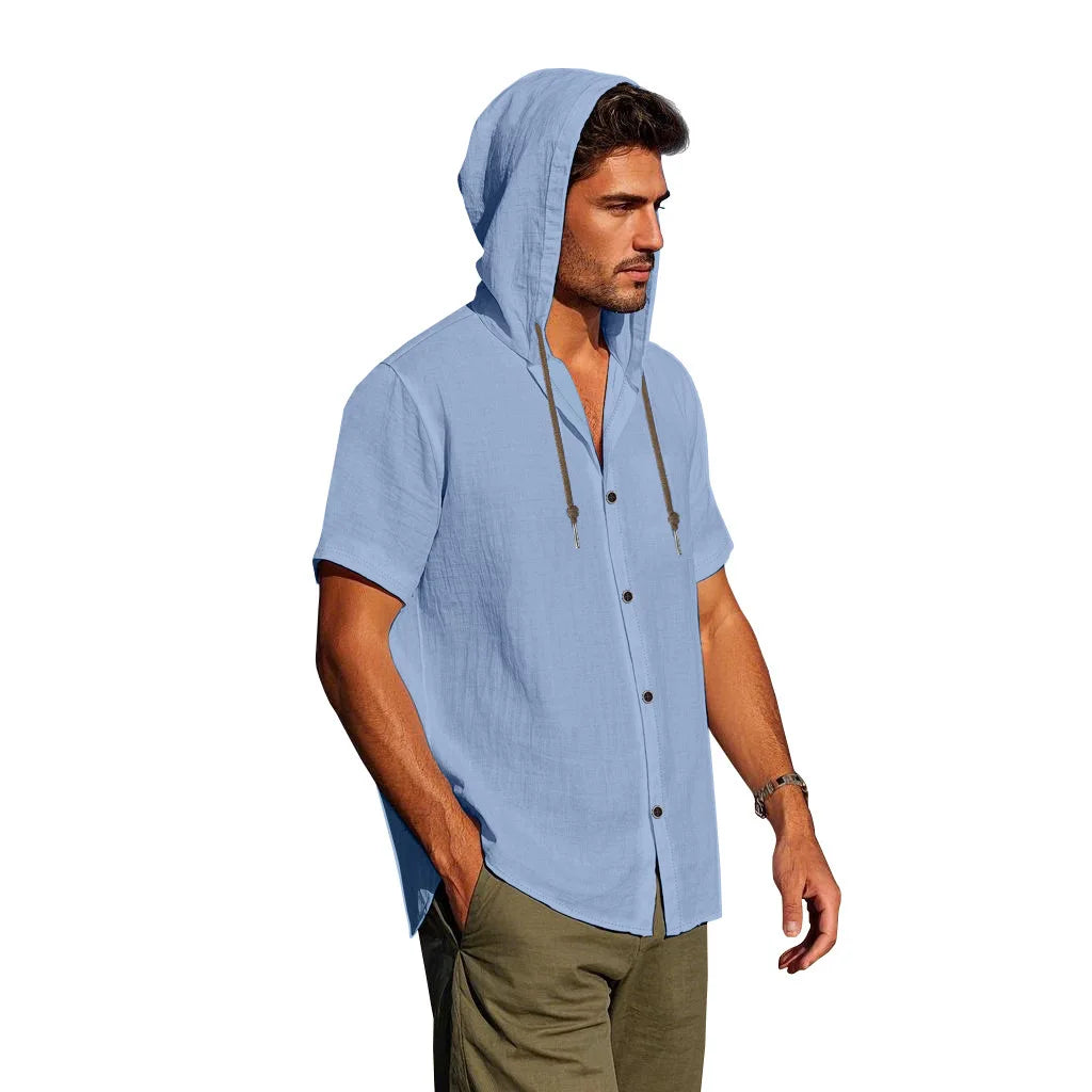 American Summer Men's Thin Breathable Linen Ami Kaji Loose Hooded Short-sleeved Shirt Men