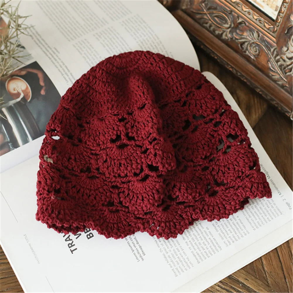 Hand-Knitted Flower Hollow Thin Cap Spring and Summer Lace Breathable Kerchief  Crochet Toe  Cotton Thread Hat Female
