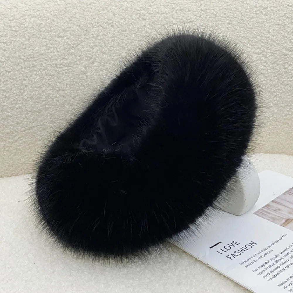 Fashion Thick Turban Hat Keep Warm Solid Color Wide Headwrap Imitation Fox Fur Elastic Ski Hats Winter