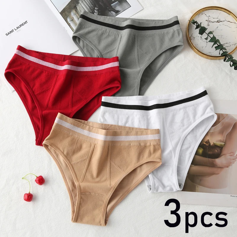3pcs/set women's sexy solid color underwear, high waist, comfortable, warm, breathable, sports briefs, daily striped knitting