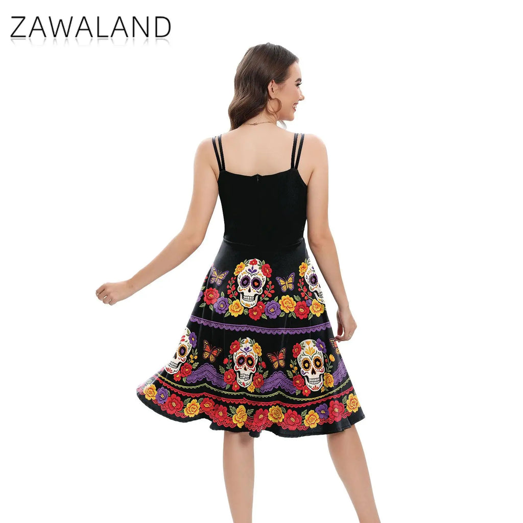 Halloween Dia De Los Muertos Floral Skull Dress Sugar Skull Print Dresses Mexican Festival Bar Night Group Cosplay Dress Up