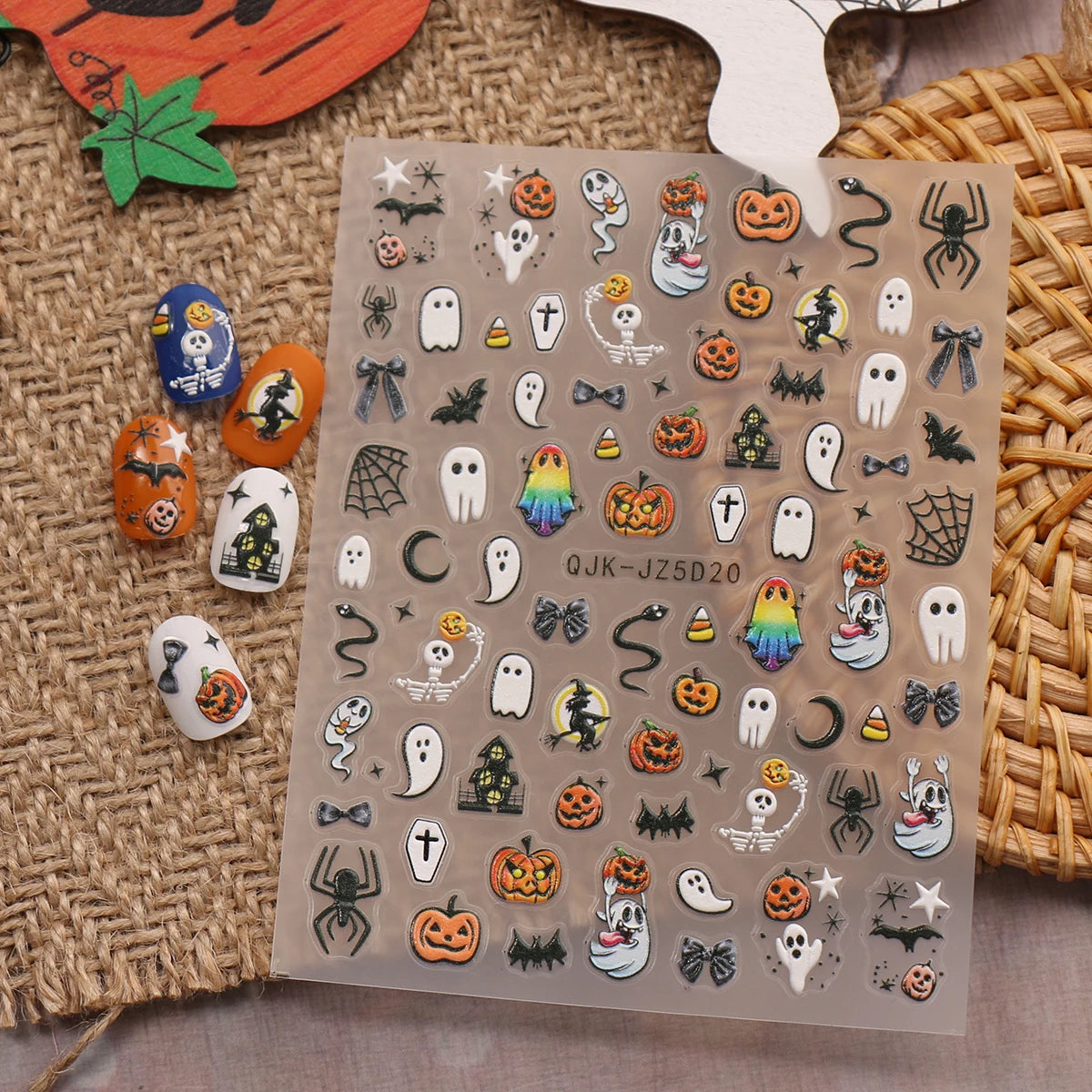 Halloween Day of the Dead 5D relief nail stickers, funny ghost pumpkin pattern nails, DIY art design nail artist supplies