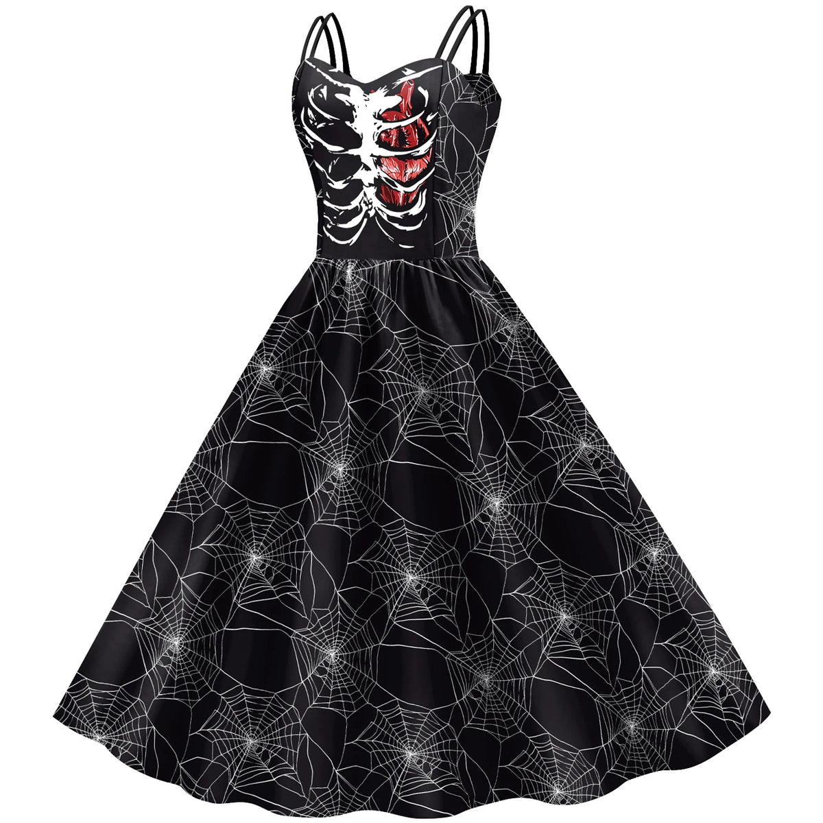 Halloween Gothic Costume Women Strap Swing Dress Skeleton Rib Heart Spiderweb Print Ladies Carnival Masquerade Outfits