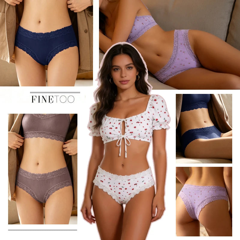 4Pc S-XL Women's Cotton Sexy Lace Brazilian Pants Seamless Low Waist Printing Breathable Underwear Ladies Lace Patchwork Panties
