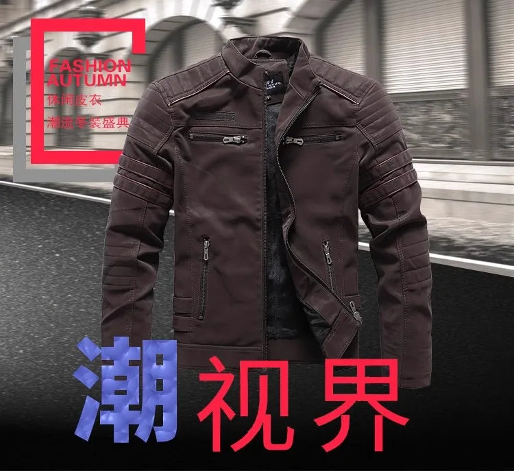 New Pilot Jackets Men's PU Jacket Fashion Casual Stand Collar Motorcycle Coats Trend Men Embroider Windbreak Warm Leather Jacket