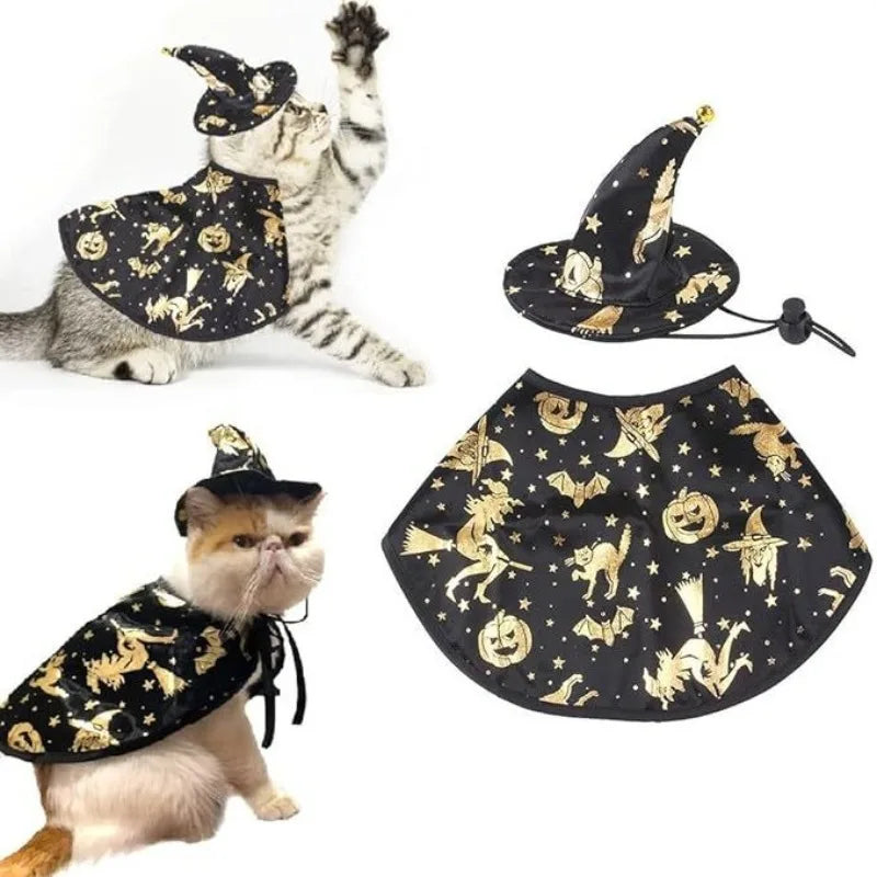 Halloween Pet Cosplay Costume Black Gold Halloween Decoration Wizard Hat Cape Set Printed Cat Dog Suit Party Accessories