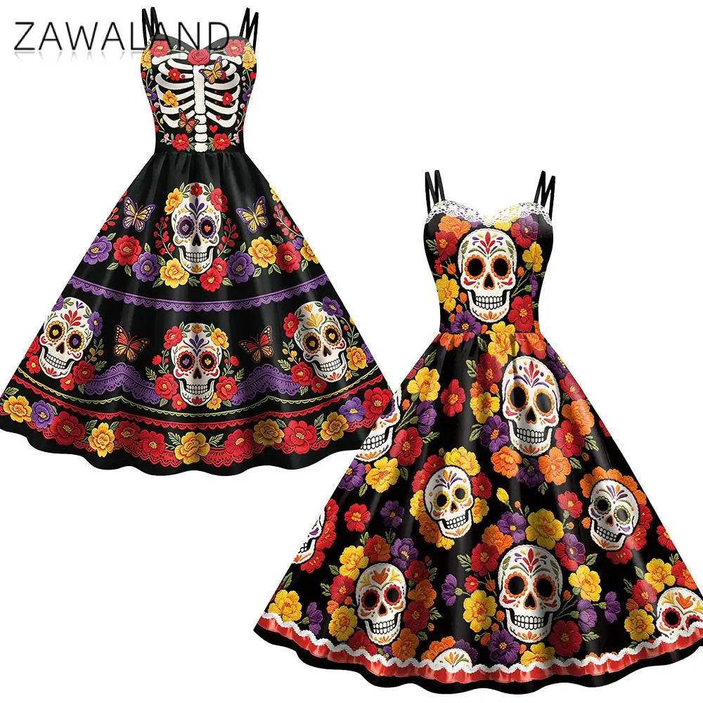 Halloween Dia De Los Muertos Floral Skull Dress Sugar Skull Print Dresses Mexican Festival Bar Night Group Cosplay Dress Up