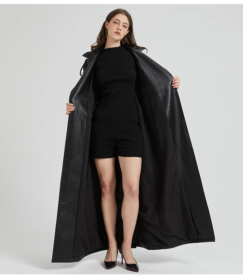 Lautaro Spring Autumn Extra Long Brown Pu Leather Trench Coat for Women Sashes Luxury Chic Overcoat Runway European Fashion 2024