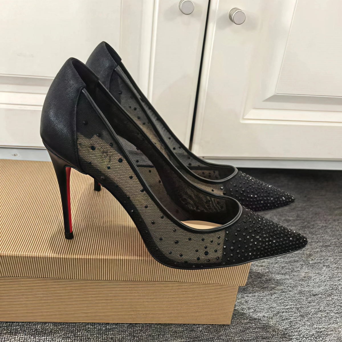 Round Dots Black Mesh Lace Women’s Pumps Pointed Toe Red Sole Single Shoes Female 8 10 12cm High Heels 35-42 size Zapatos Para