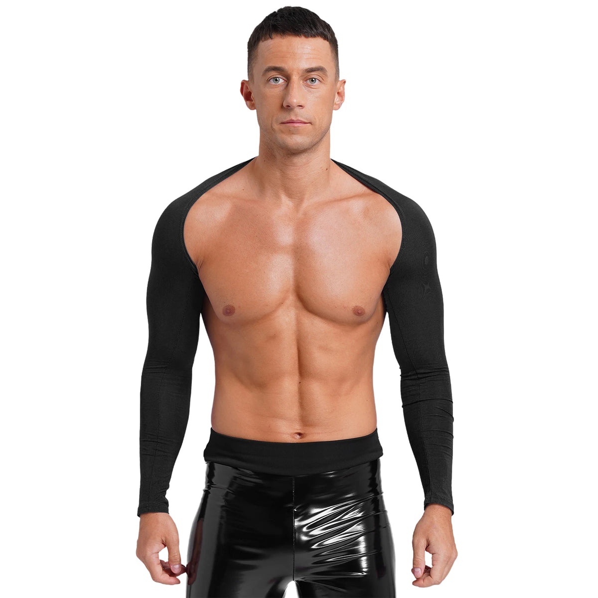 Men Open Front Half Crop Top Solid Long Sleeve Cardigan Bolero Shrug Tops Muscle Arm Sleeves Workout Sports Gym Tops Clubwear