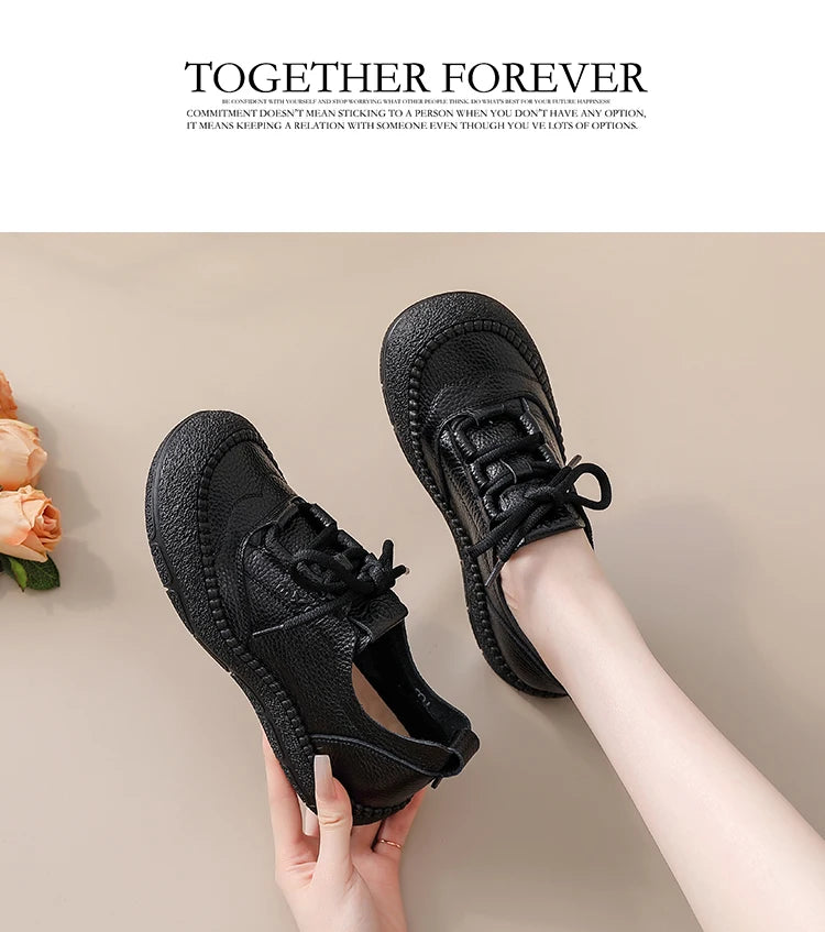 New real leather handmade shoes for women all season oxfords flats woman laced up moccasins cozy mom boat shoes round toe flats