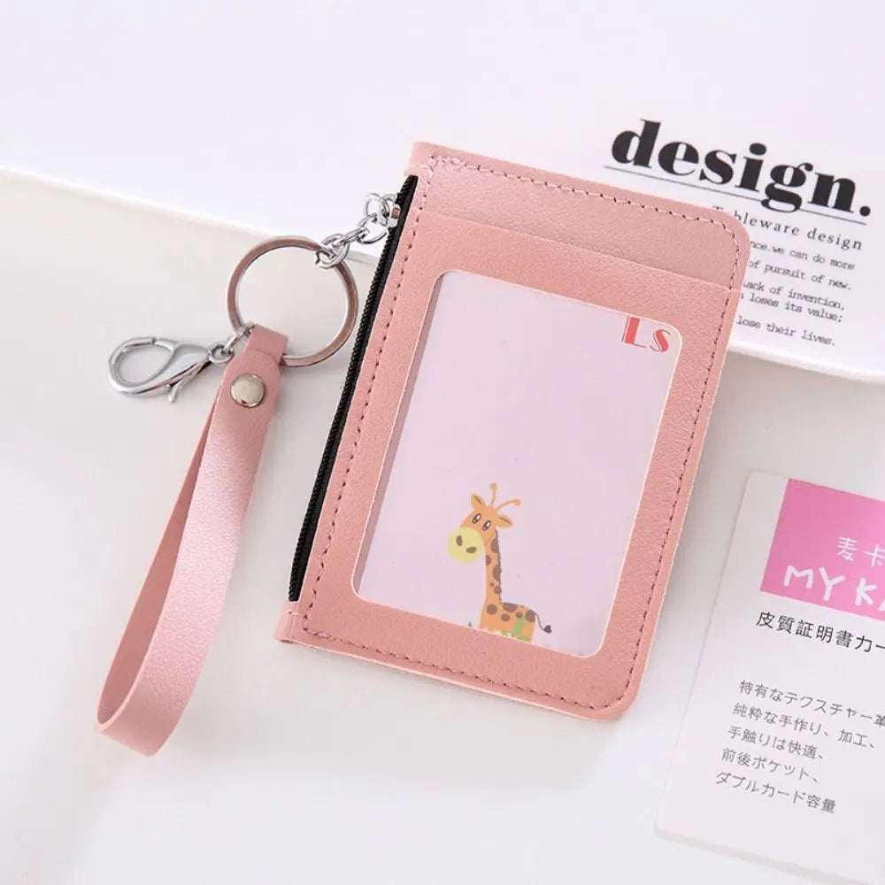 PU Leather Zipper Card Cover Bag ID Tag Bus Pass Card Cover Case Coin Purse Business Card Case with Hand Rope