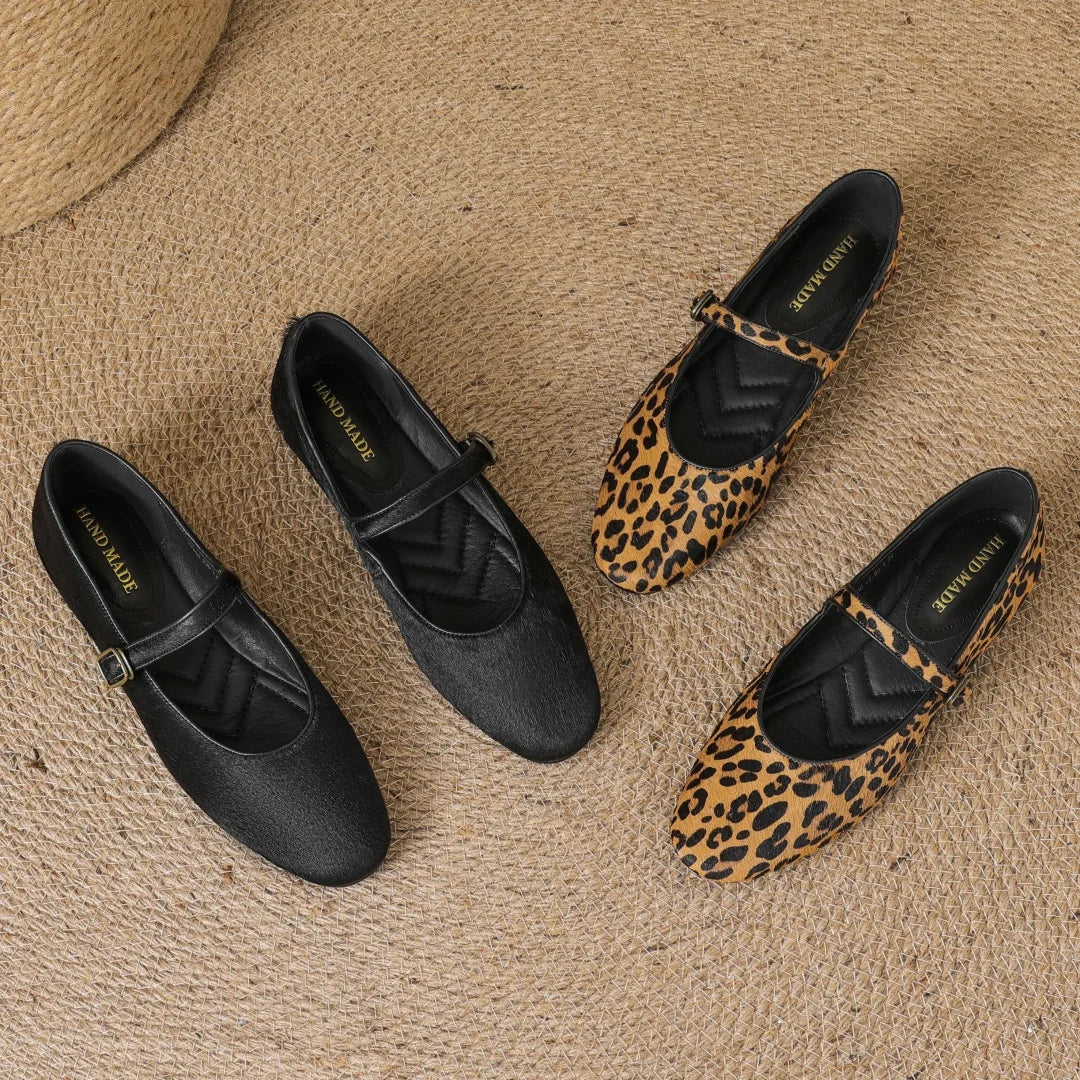 Plus size 34-43 women's leopard horsehair slip-on Mary Jane flats round toe casual female slim daily ballerinas shoes for woman