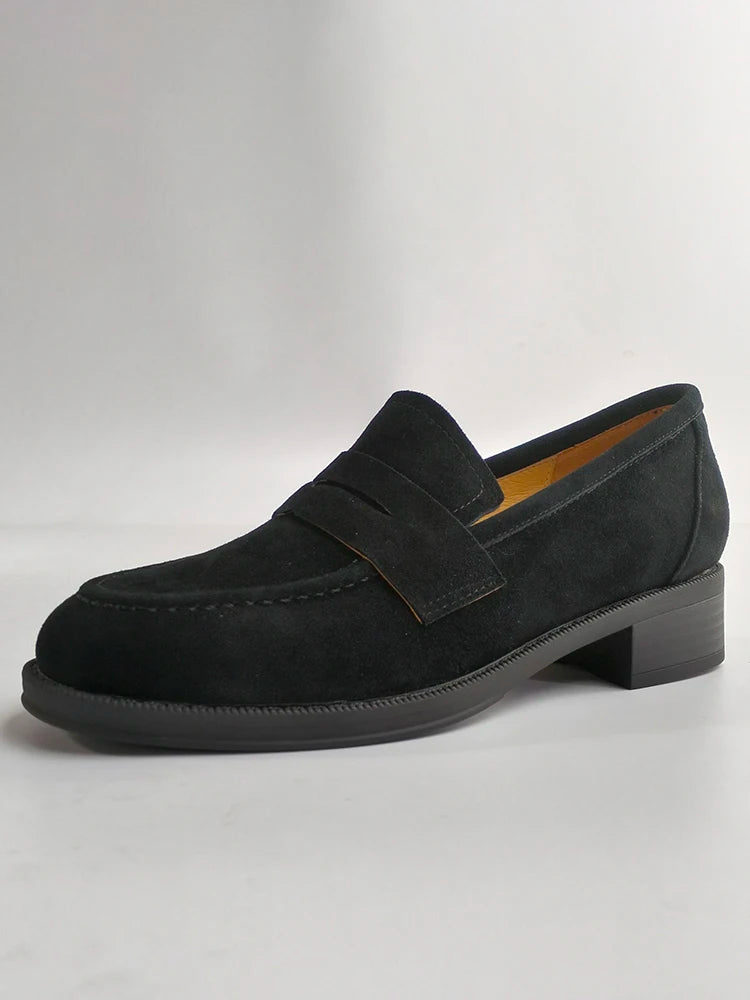 2025 NEW Trend Women Loafers Natural Suede Spring Autumn Ladies Low Block Heels Elegant Round Toe Black Brown Splicing Loafers