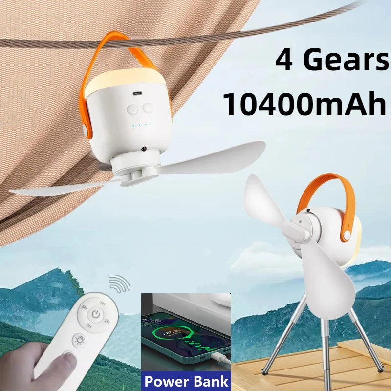 New Outdoor 10400mAh Camping Fans Charging Remote Control Ceiling Fan 4 Gears Wind Timing Function Big Capacity Night Light Fan