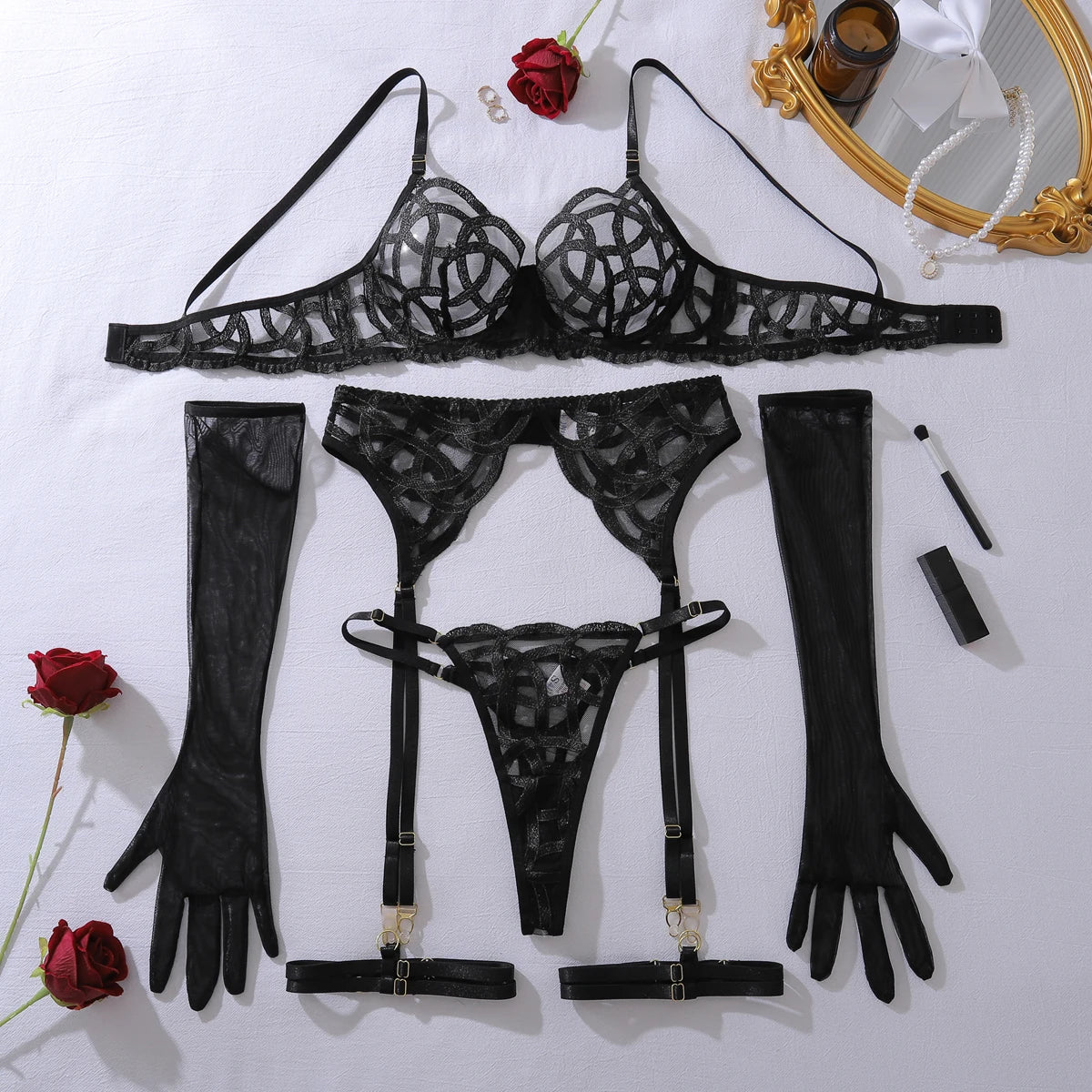 MUZISKAT New Sexy Heavy Industry Complex Embroidery Perspective Slimming and Converging Adjustable Underwear Five Piece Set