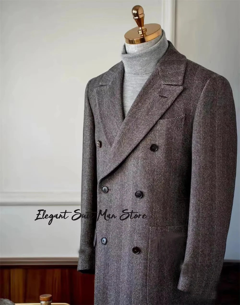 Italian herringbone wool men's long business coat Autumn winter Double breasted classic suits Long coats