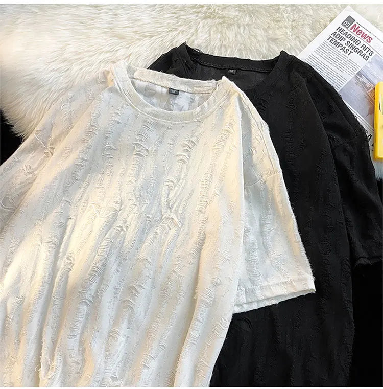 Ripped T-shirts Men Hole Y2k Tops Streetwear Summer O-neck Clothing Hip Hop Fashion Teens American Retro Vintage Футболки Baggy