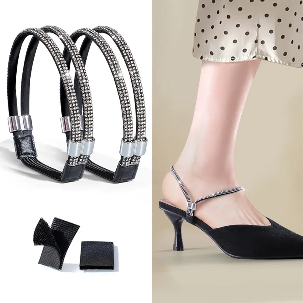2pcs Anti-skid High Heels Shoes Band Women Rhinestone Shoelaces Triangle Bundle Anti-drop Straps Belt Drill Elastic Fixing Belts