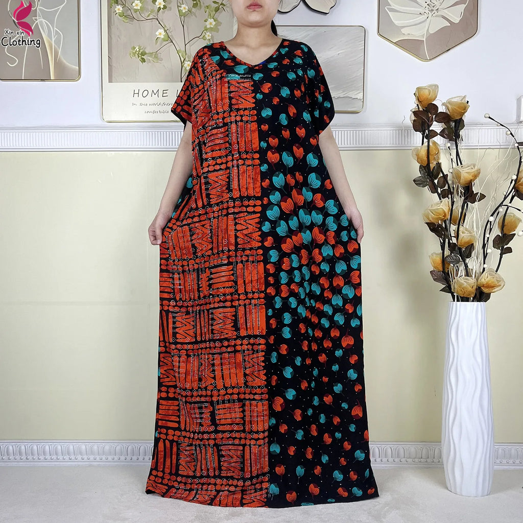 2025 New Summer Abaya Short Sleeve Dress With Big Scarf Printing Floral Loose Dress Islam Kaftan Women African Abaya Clothing