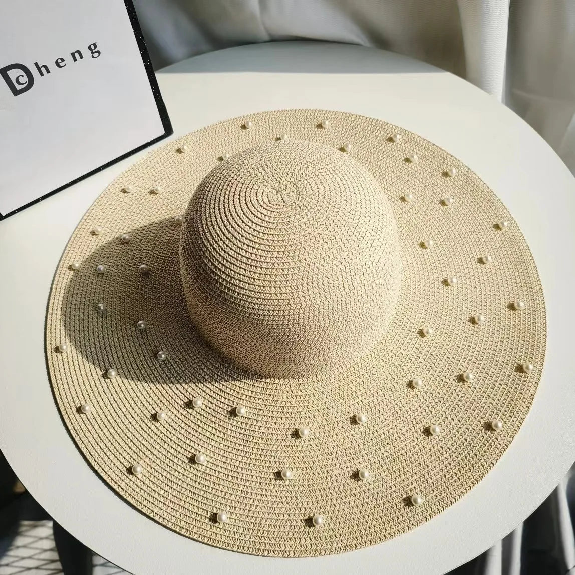 Hand made Pearl Straw Hat For Women's Summer Wide side Jazz Dress Cap Holiday Sun Protection Beach Hats