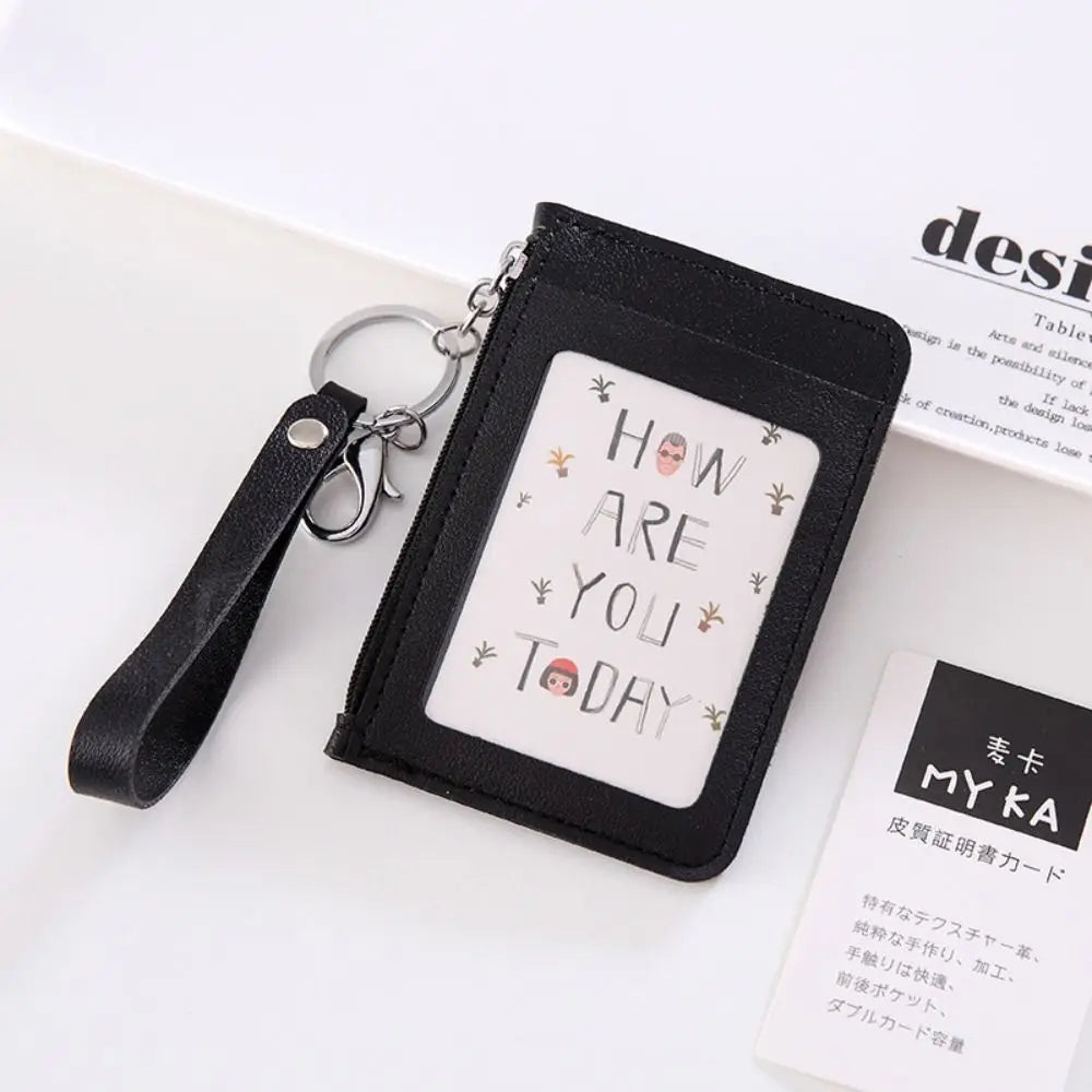 PU Leather Zipper Card Cover Bag ID Tag Bus Pass Card Cover Case Coin Purse Business Card Case with Hand Rope