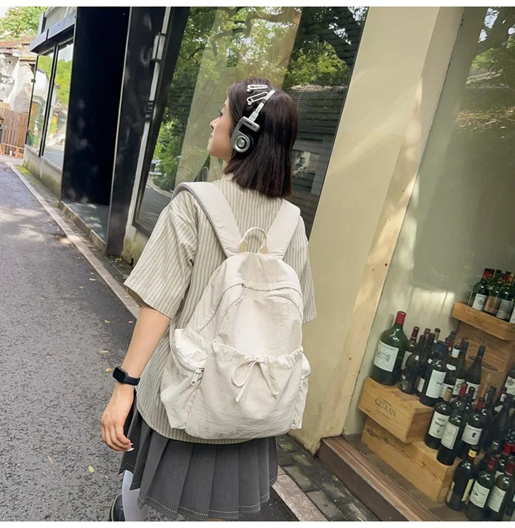 Japanese Style Student Backpack Solid Color Bow Travel School Bag Lightweight and Fashionable Women's Backpack New Simple Casual