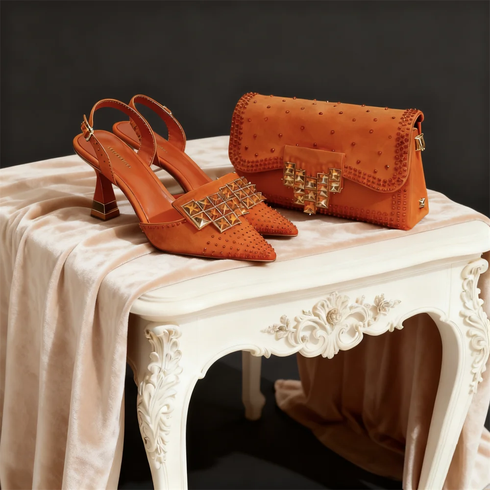 Stylish Orange Rhinestone High Heel Shoes & Matching Handbag - Elegant Pointed-Toe Footwear for Women, Ideal for Parties