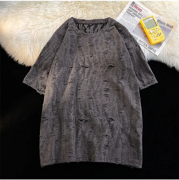 Ripped T-shirts Men Hole Y2k Tops Streetwear Summer O-neck Clothing Hip Hop Fashion Teens American Retro Vintage Футболки Baggy