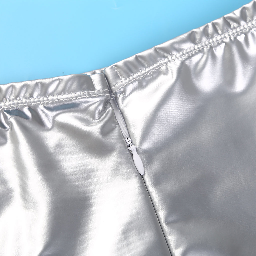 Sexy Women Wetlook PVC Leather Ruffled Skirts Party Low Waist Built-in Thongs Mini Skirt with Garter Belts Metal Clips Set Club
