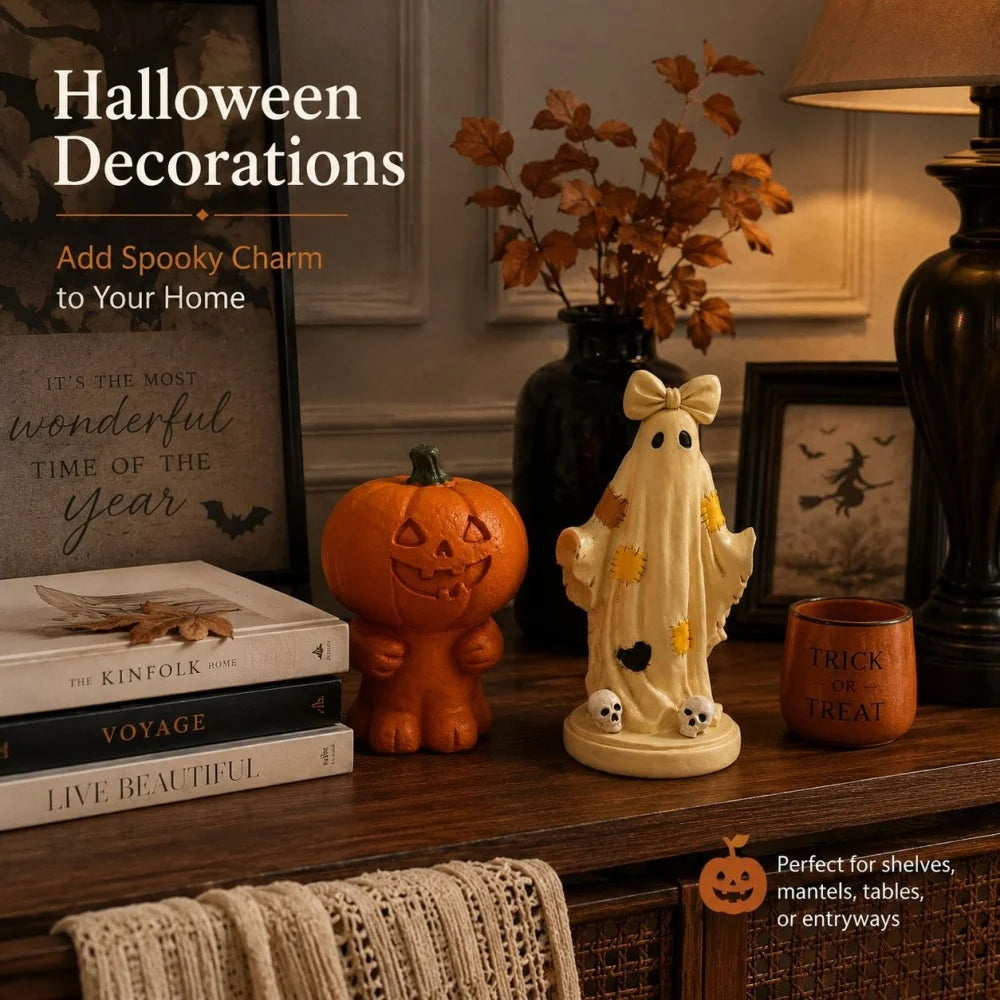 Halloween Pumpkin Man Ornament, Resin Trendy Collectible Figurine, Patchwork Ghost Desktop Decor for Home Holiday Party Decor
