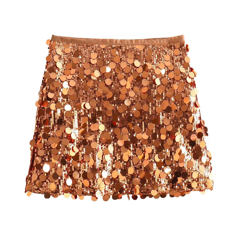 Willshela Women Fashion With Sequined Solid Side Zipper Mini Skirt Vintage High Waist Female Chic Lady Skirts
