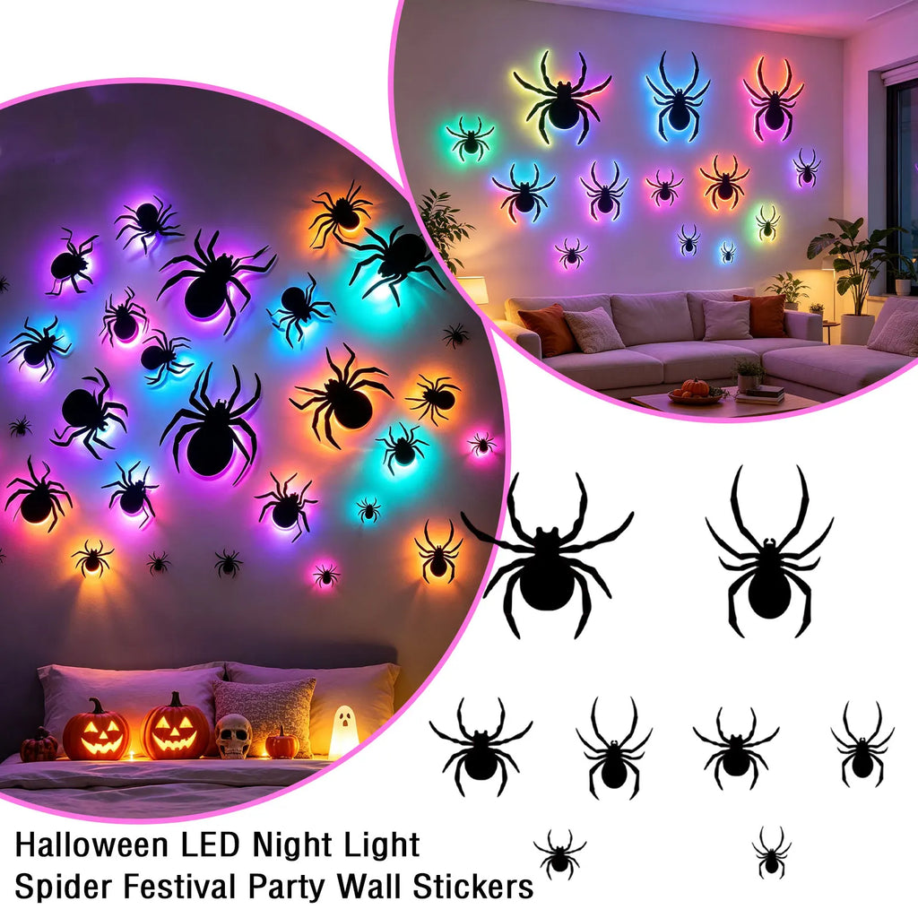 Halloween LED Night Light Spider-Themed Decals Glowing Spider Wall Sticker Party Holiday Decor Home Window Wall Decoration