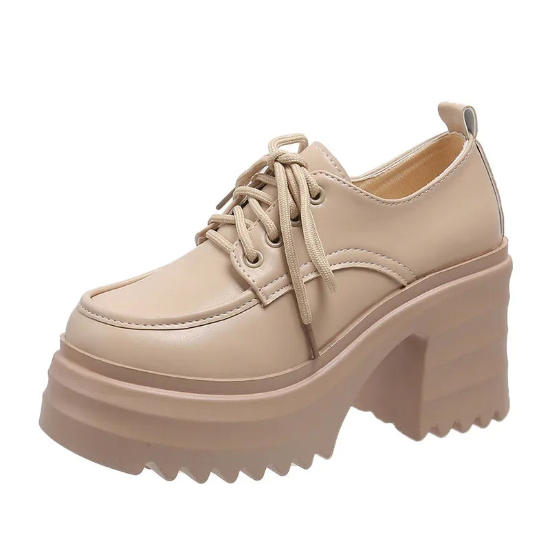 Gothic Chunky High Heels Loafers for Woman New Leather Platform Loafers Female Solid Color Thick Heeled Lolita Shoes 2024