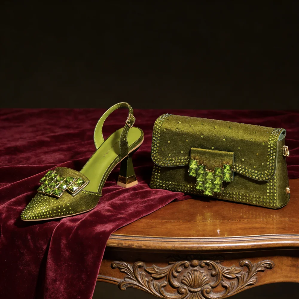 Stylish Orange Rhinestone High Heel Shoes & Matching Handbag - Elegant Pointed-Toe Footwear for Women, Ideal for Parties