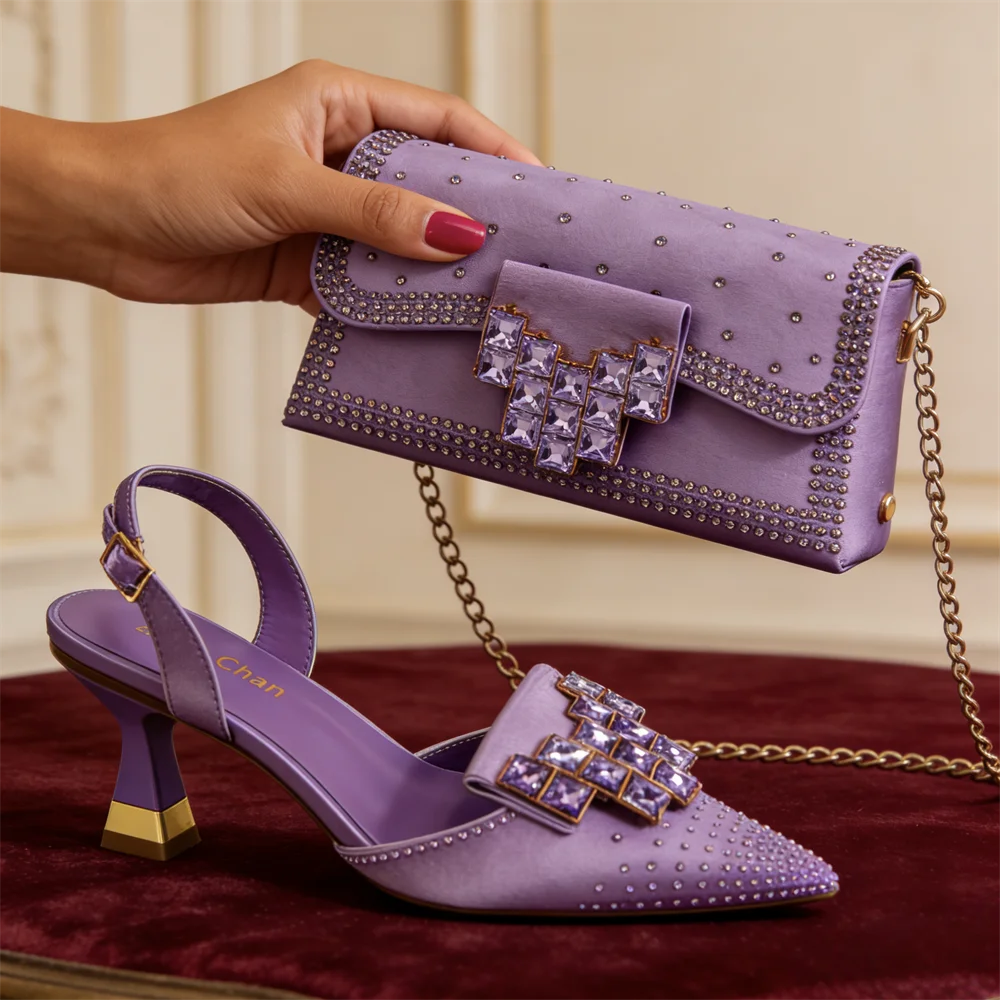 Stylish Orange Rhinestone High Heel Shoes & Matching Handbag - Elegant Pointed-Toe Footwear for Women, Ideal for Parties
