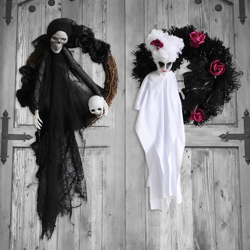 Halloween White Black Ghost Door Decorations Festival Horror Party Wreath Pendant Haunted House Decoration and Arrangement Props