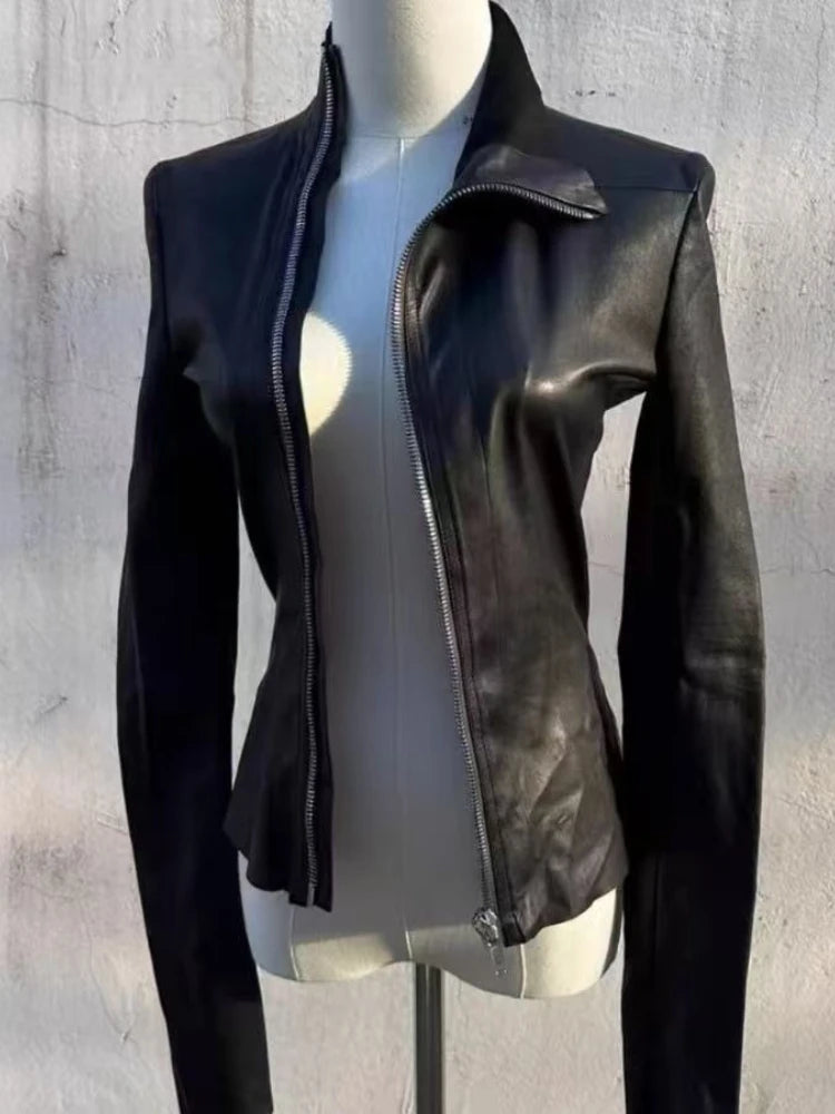 Vintage Gothic Leather Jacket Women Black Slim Zip Up Long Sleeve Tight Crop Coat Y2K Hot Girl Punk Streetwear Fashion Clothes