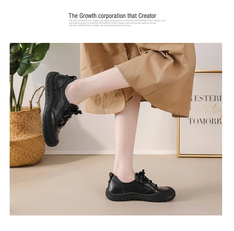 New real leather handmade shoes for women all season oxfords flats woman laced up moccasins cozy mom boat shoes round toe flats