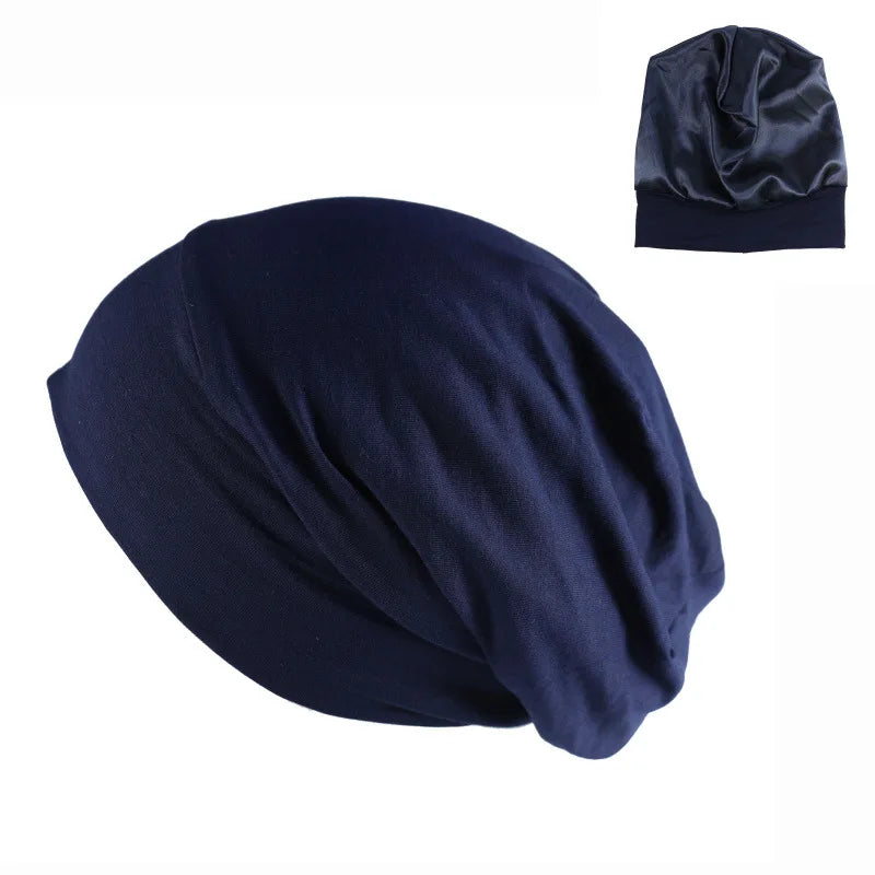 1PC Unisex Elastic Loose Band Satin Lined Double Layer Sleeping Hat For Hair Protection Comfortable Soft Hair Cap Beanie Hat