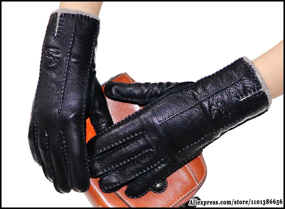 Men's and Women's High-end Buckskin Goat Leather Gloves Autumn and Winter Thin Warm Knitted Wool Lining Driving Leather Gloves
