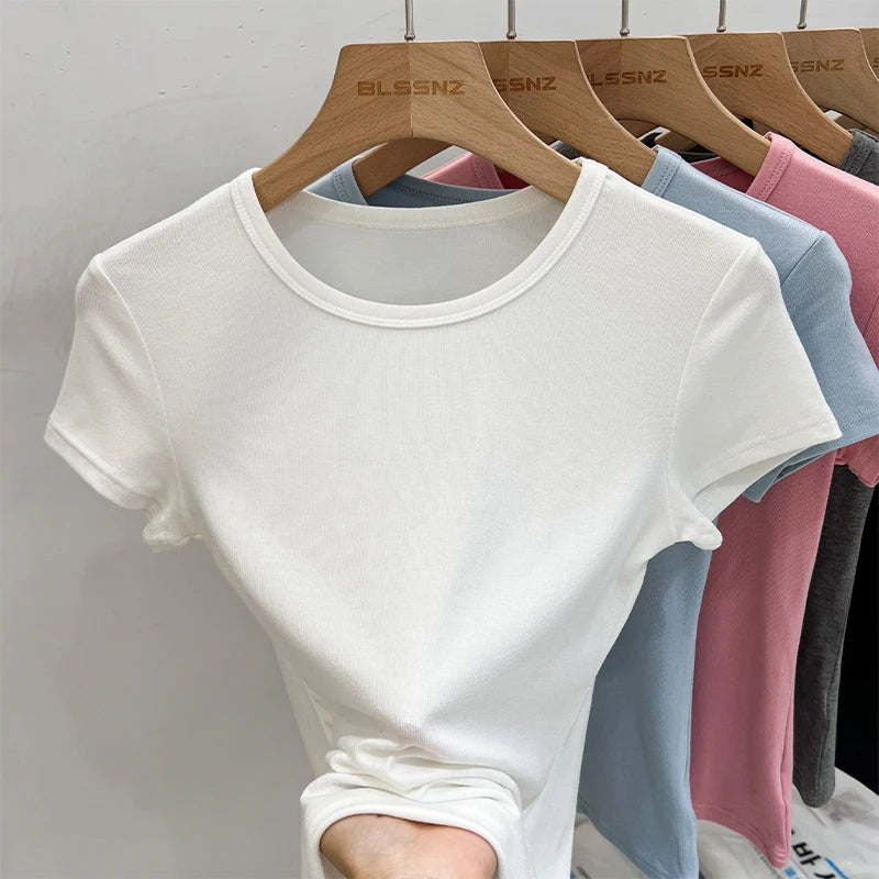 AOSSVIAO 2026 Summer White Cotton O Neck T-shirt Student Short Sleeve Versatile Tops Solid Slim Fit T Shirts Y2k Tee