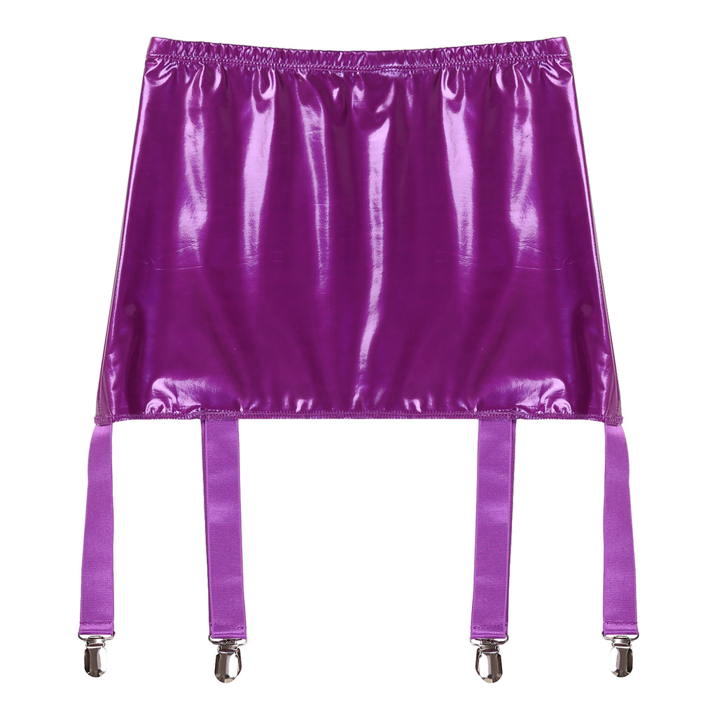 Sexy Women Wetlook PVC Leather Ruffled Skirts Party Low Waist Built-in Thongs Mini Skirt with Garter Belts Metal Clips Set Club