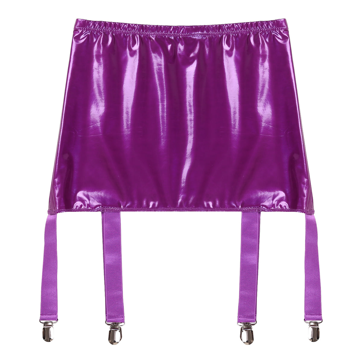 Sexy Women Wetlook PVC Leather Ruffled Skirts Party Low Waist Built-in Thongs Mini Skirt with Garter Belts Metal Clips Set Club