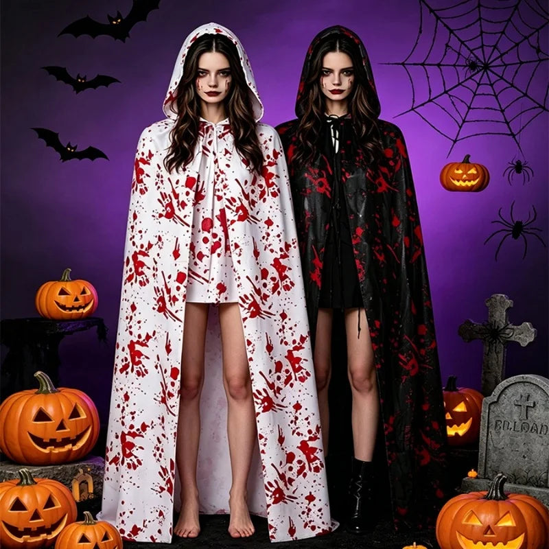 Halloween Blood Splatter Hooded Cloak Black White Blood Handprint Cape Horror Cosplay Costume Ghost Vampire Robe Party Outfit