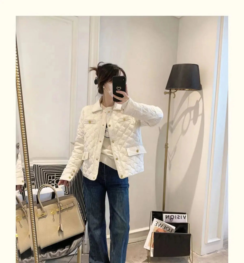 Down Cotton Jacket Women's 2025 Autumn Winter New Light And Thin European High-End sense Niche Rhombus Down Cotton Jacket Parka