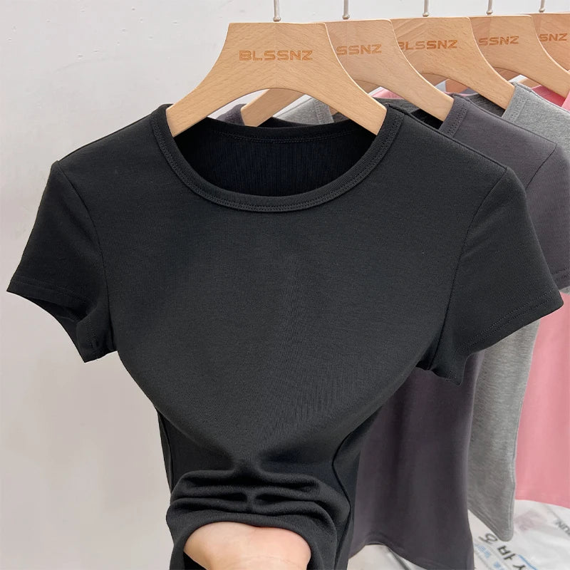 AOSSVIAO 2026 Summer White Cotton O Neck T-shirt Student Short Sleeve Versatile Tops Solid Slim Fit T Shirts Y2k Tee