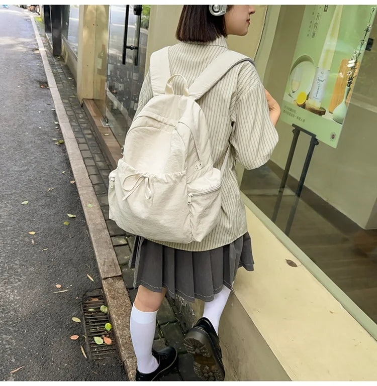 Japanese Style Student Backpack Solid Color Bow Travel School Bag Lightweight and Fashionable Women's Backpack New Simple Casual
